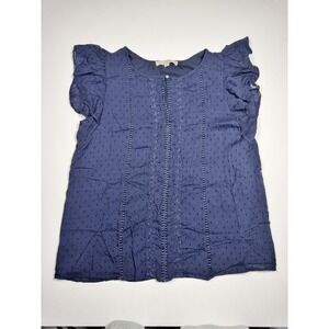 Loft Blouse Top Women Large Navy Blue Swiss Dot Flutter Sleeve Crochet Lace Trim